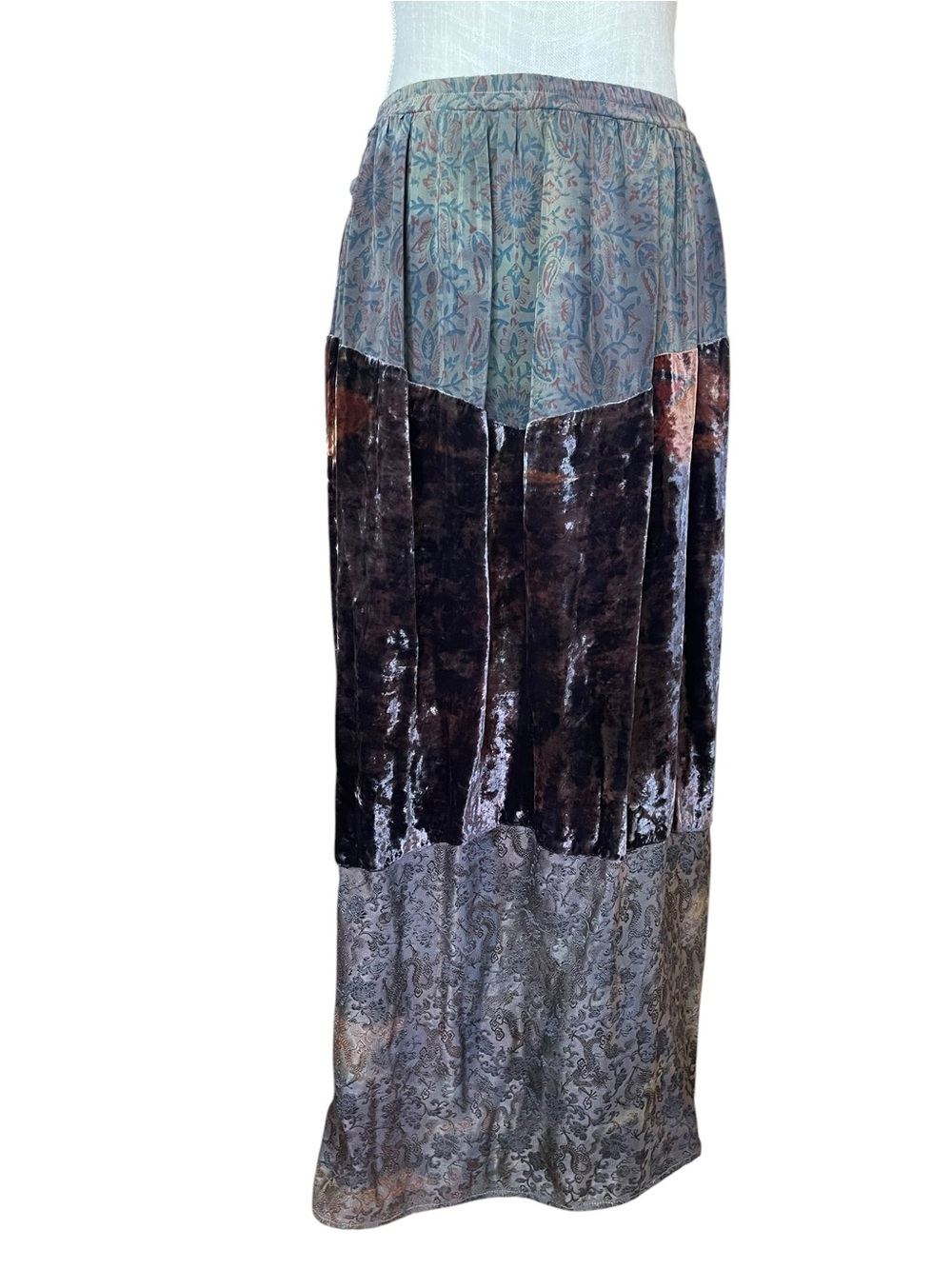 URU Vintage Iridescent Velvet Brocade Vest Long Sleeve Silk Blouse & Maxi Skirt - Picture 6 of 16